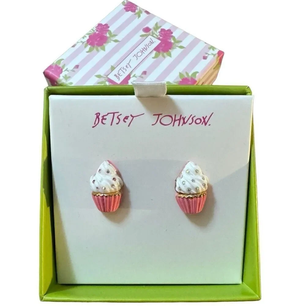 New in Box BETSEY JOHNSON Cupcakes Stud Earrings Pink White Rhinestones Dessert